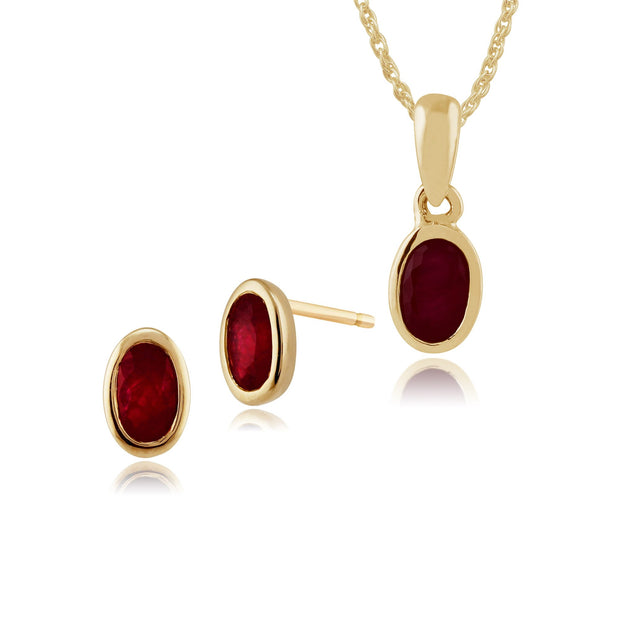 Classic Oval Ruby Bezel Stud Earrings & Pendant Set Image 1