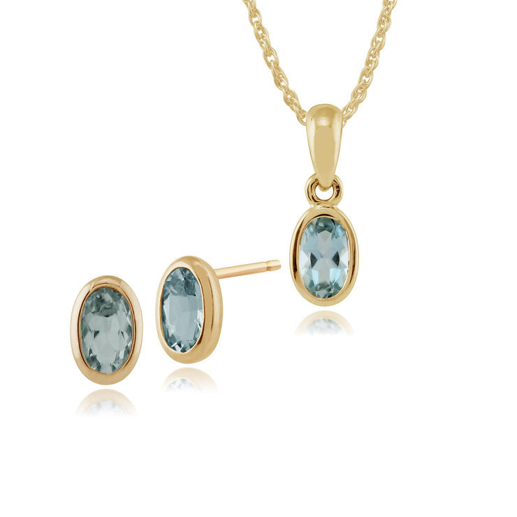 Classic Oval Aquamarine Bezel Stud Earrings & Pendant Set Image 1