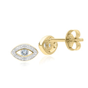 ECFEW™ Dainty Evil Eye Blue Topaz & Diamond Stud Earrings in 9ct Yellow Gold