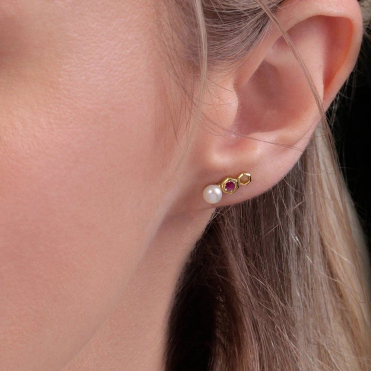 Modern Pearl & Ruby Ear Climber Studs in 9ct Yellow Gold
