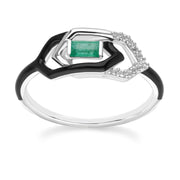 Grand Deco Enamel, White Topaz & Emerald Link Ring in 9ct White Gold 1