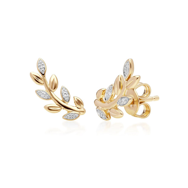 O Leaf Diamond Pave Stud Earrings in 9ct Yellow Gold