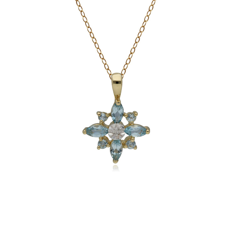 Classic Blue Topaz & Diamond Starburst Pendant in 9ct Yellow Gold