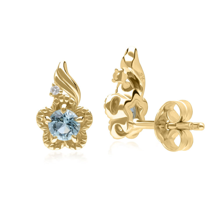 Floral Round Blue Topaz & Diamond Stud Earrings in 9ct Yellow Gold