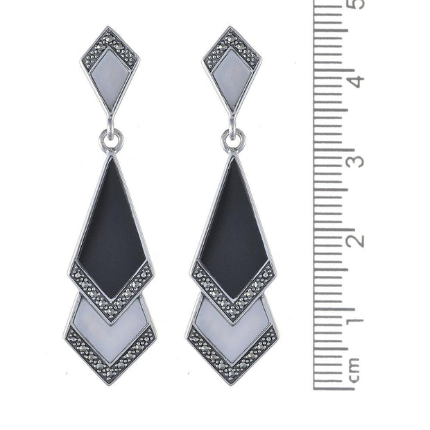 Art Deco Black Onyx, Mother of Pearl & Marcasite Fan Drop Earrings Image 2