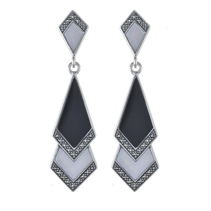 Art Deco Black Onyx, Mother of Pearl & Marcasite Fan Drop Earrings Image 1