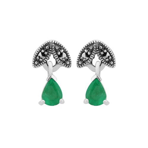 Art Deco Emerald & Marcasite Stud Earrings & Pendant Set Image 2