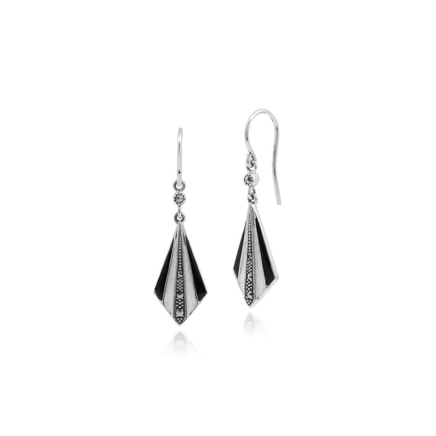 Art Deco Enamel Marcasite Fan Drop Earrings Necklace Set Image 2