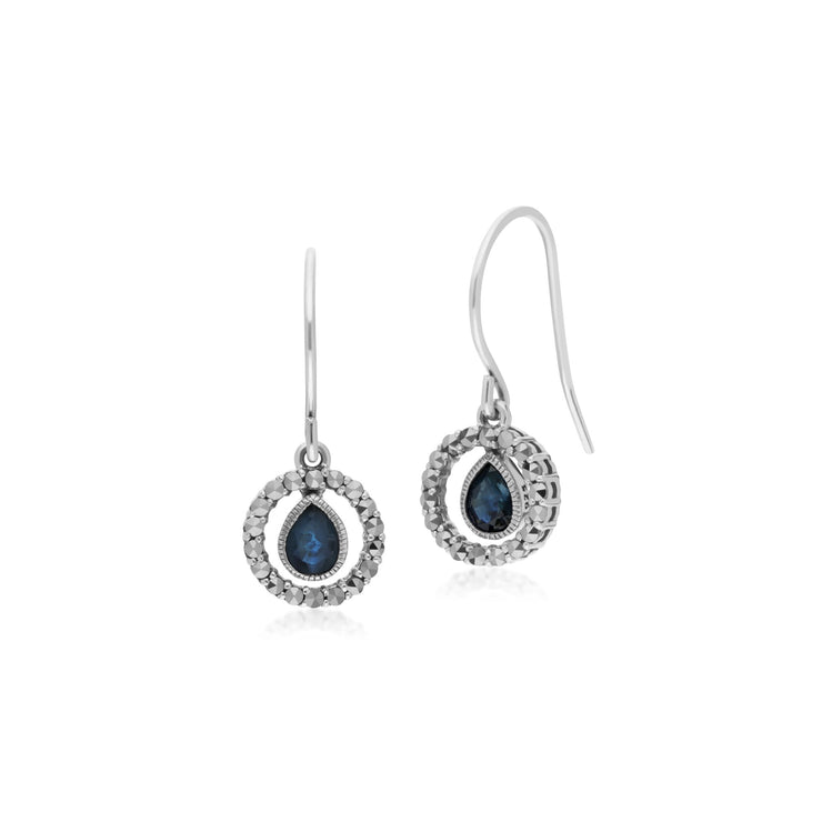 Classic Sapphire & Marcasite Drop Earrings & Necklace Set Image 2