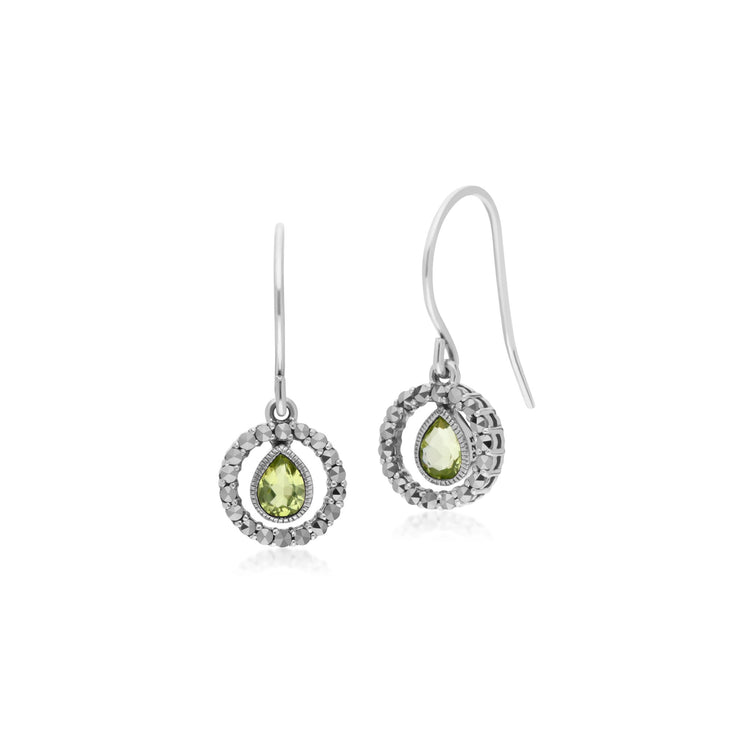 Classic Peridot & Marcasite Drop Earrings & Necklace Set Image 2