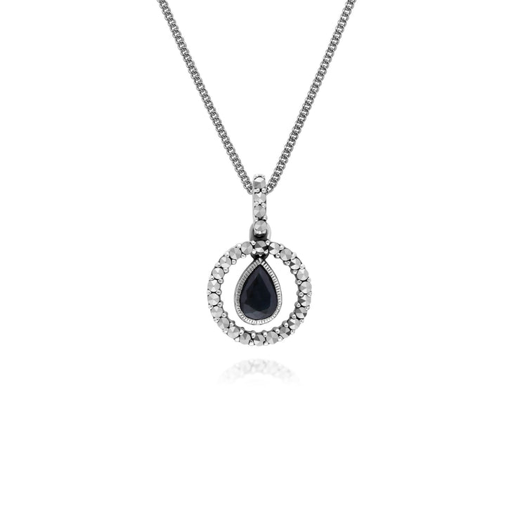 Classic Sapphire & Marcasite Drop Earrings & Necklace Set Image 3