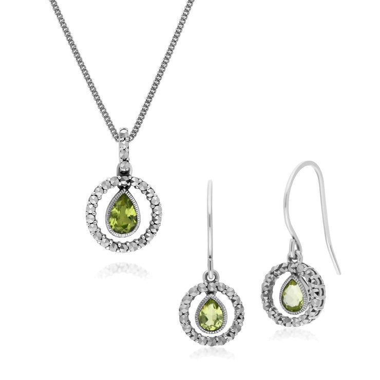 Classic Peridot & Marcasite Drop Earrings & Necklace Set Image 1