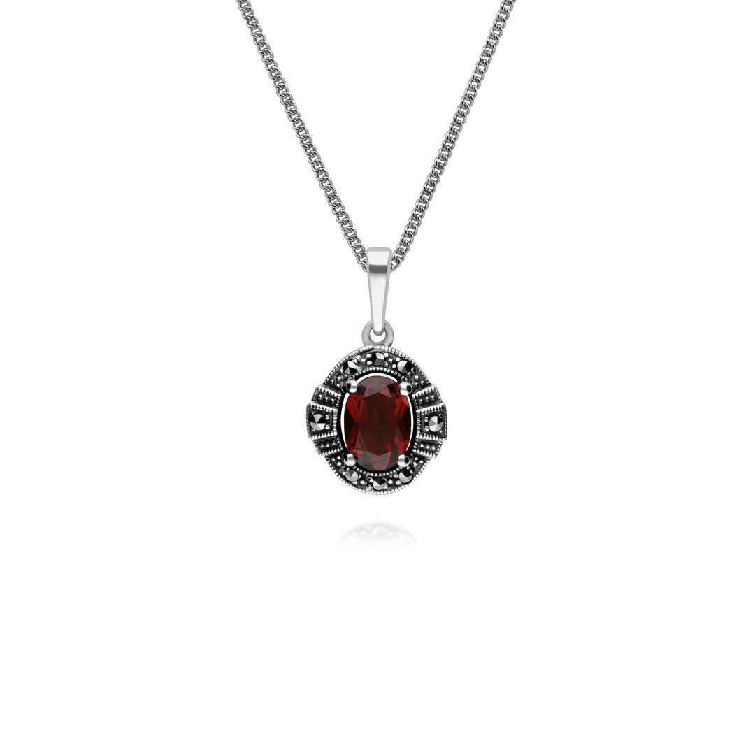 214E873003925-214P303303925 Art Deco Style Oval Garnet and Marcasite Cluster Stud Earrings & Pendant Set in 925 Sterling Silver 3