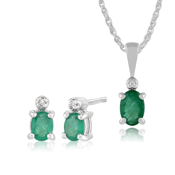 Classic Emerald & Diamond Stud Earrings & Pendant Set Image 1