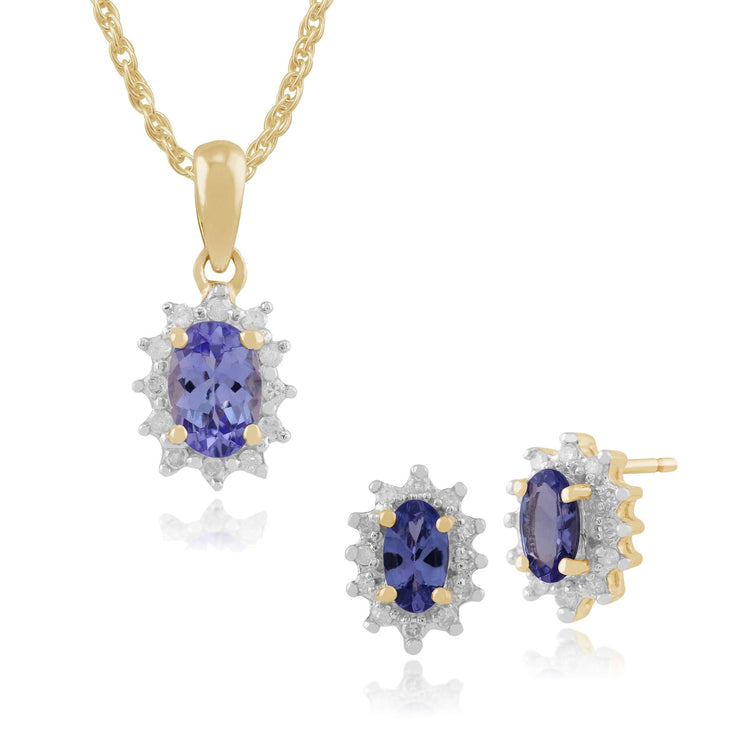 Classic Tanzanite & Diamond Halo Cluster Stud Earrings & Pendant Set Image 1