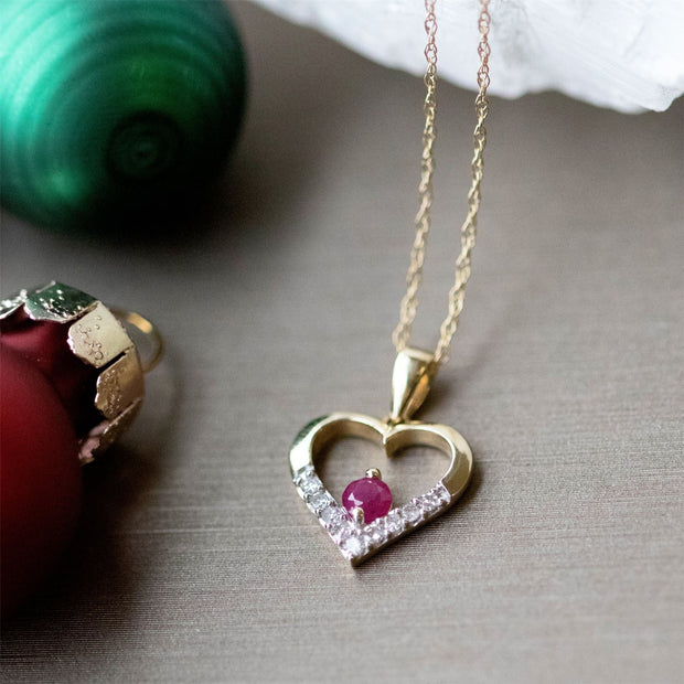 Classic Ruby & Diamond Heart Pendant in 9ct Yellow Gold