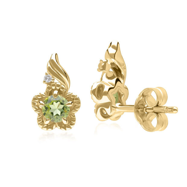 Floral Round Peridot & Diamond Stud Earrings in 9ct Yellow Gold