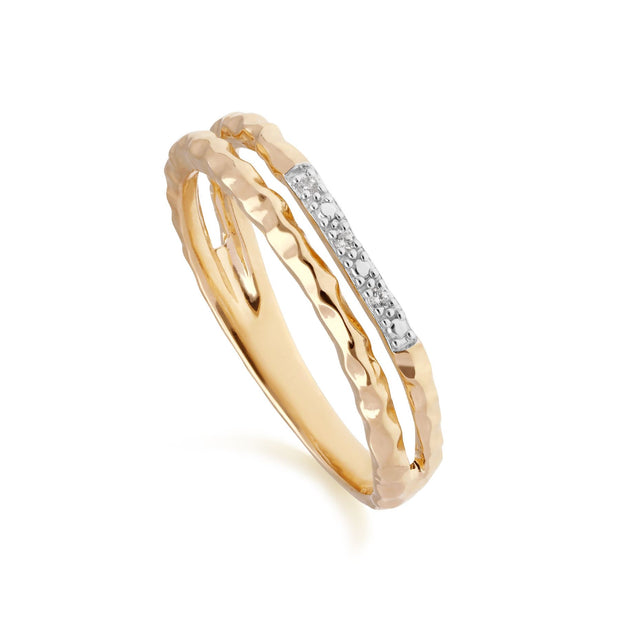 Diamond Pavé Hammered Double Band Ring in 9ct Yellow Gold