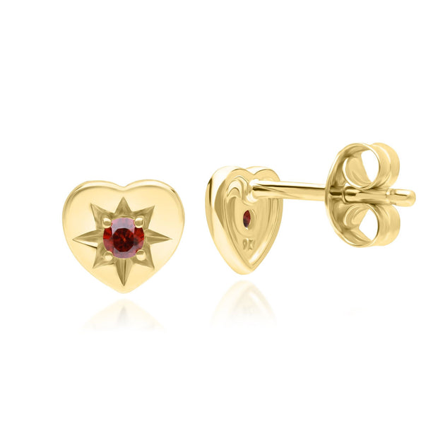 ECFEW™ 'The Liberator' Garnet Heart Stud Earrings in 9ct Yellow Gold