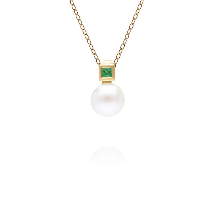 Modern Pearl & Square Emerald Pendant in 9ct Yellow Gold