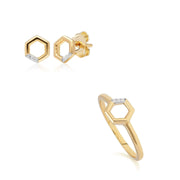 Diamond Pave Hexagon Stud Earring & Ring Set in 9ct Yellow Gold