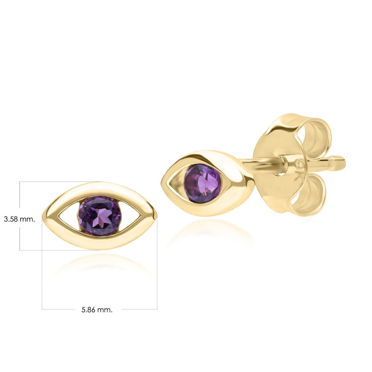 ECFEW™ Dainty Evil Eye Amethyst Stud Earrings in 9ct Yellow Gold