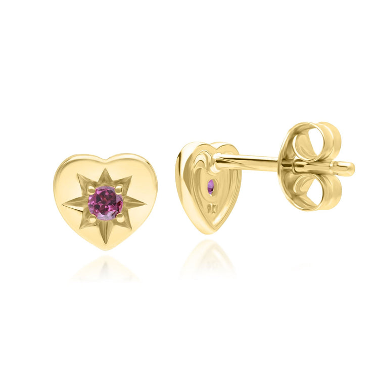 ECFEW™ 'The Liberator' Rhodolite Heart Stud Earrings in 9ct Yellow Gold