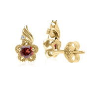 Floral Round Garnet & Diamond Stud Earrings in 9ct Yellow Gold