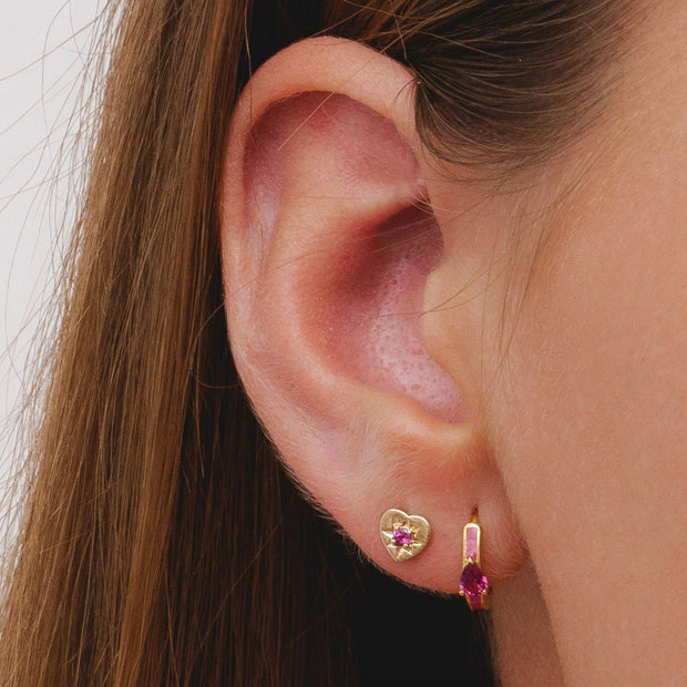 ECFEW™ 'The Liberator' Rhodolite Heart Stud Earrings in 9ct Yellow Gold