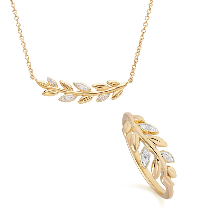 O Leaf Diamond Necklace and Ring Set in 9ct Yellow Gold