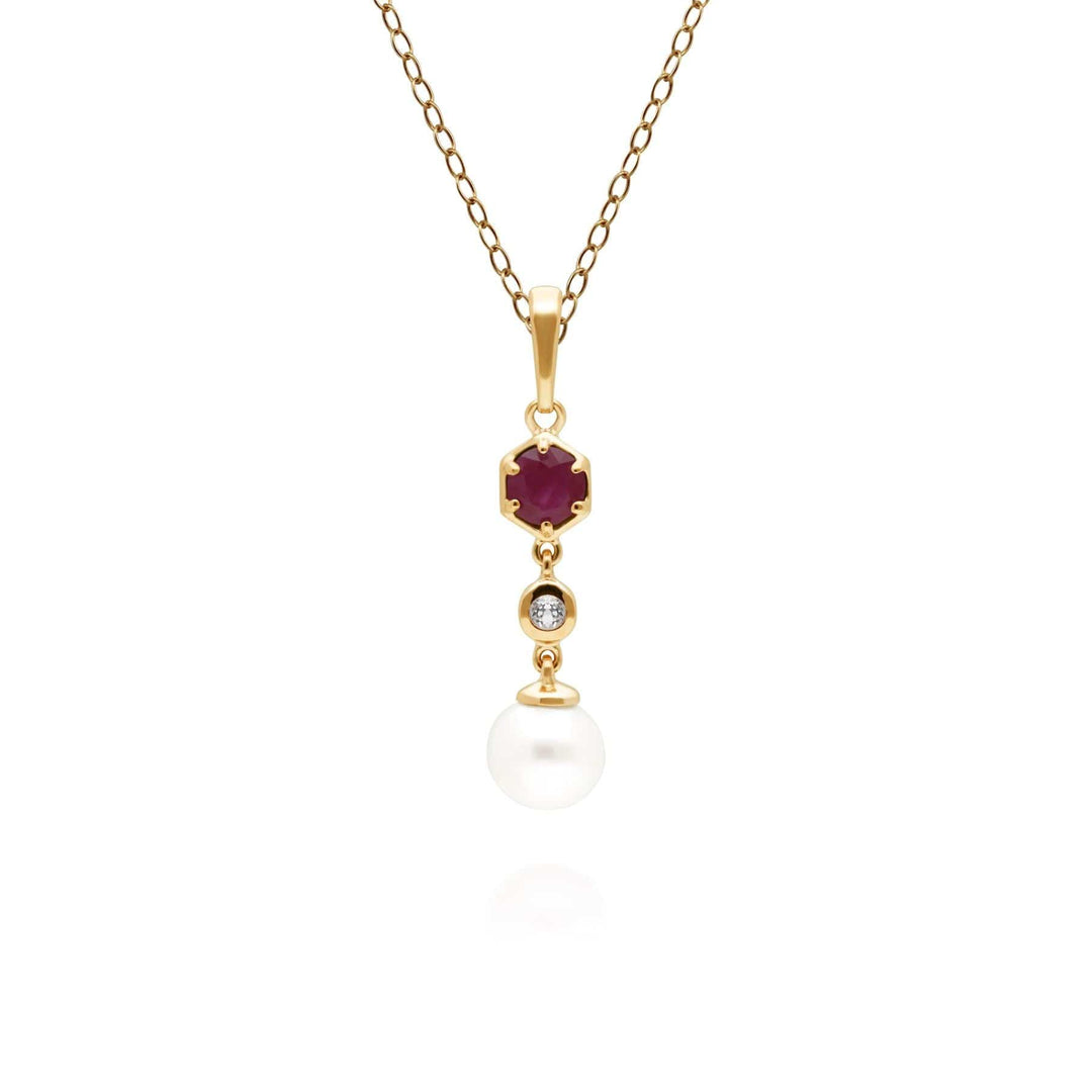 270P030102925 Modern Pearl, Ruby & Topaz Drop Pendant in Gold Plated Silver 1