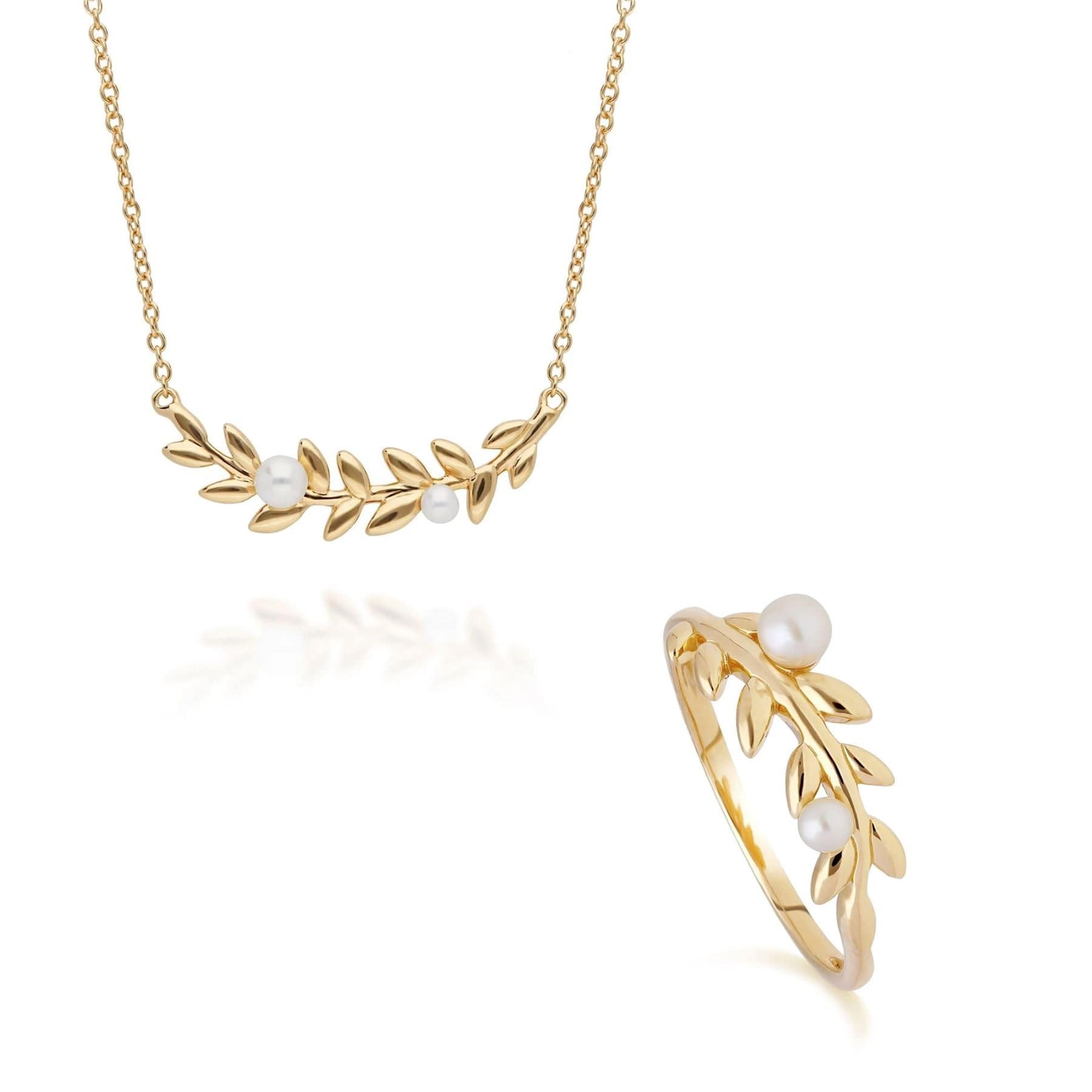 270N035401925-270R058401925 O Leaf Pearl Necklace & Ring Set in Gold Plated 925 Sterling Silver 1