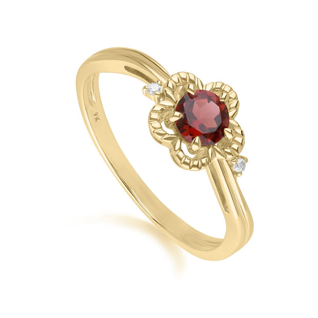 Floral Round Garnet & Diamond Ring in 9ct Yellow Gold