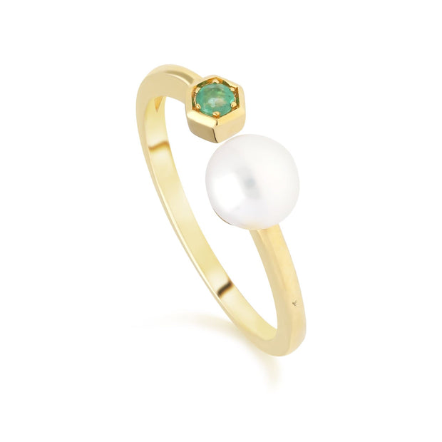 Modern Pearl & Emerald Open Ring in 9ct Yellow Gold