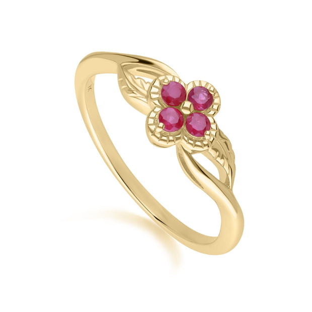 Floral Round Ruby Ring in 9ct Yellow Gold