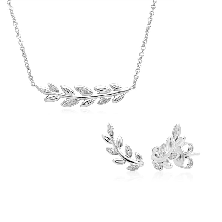 O Leaf Diamond Necklace & Stud Earring Set in 9ct White Gold
