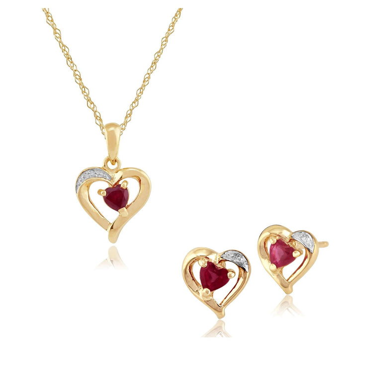 Classic Heart Ruby & Diamond Love Heart Stud Earrings & Pendant Set in 9ct Yellow Gold