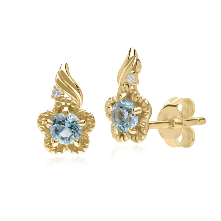 Floral Round Blue Topaz & Diamond Stud Earrings in 9ct Yellow Gold