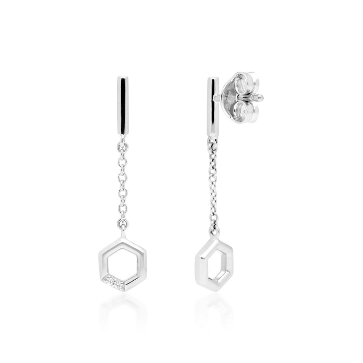 Diamond Pave Hexagon Dangle Drop Earrings in 9ct White Gold