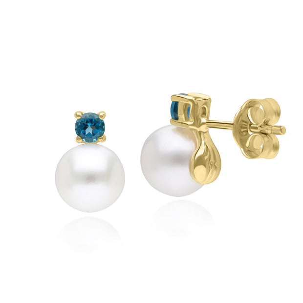 Modern Pearl & Topaz Stud Earrings in 9ct Yellow Gold