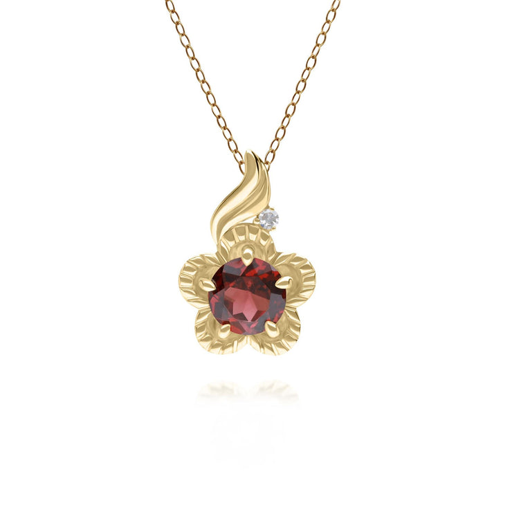 Floral Round Garnet & Diamond Pendant in 9ct Yellow Gold