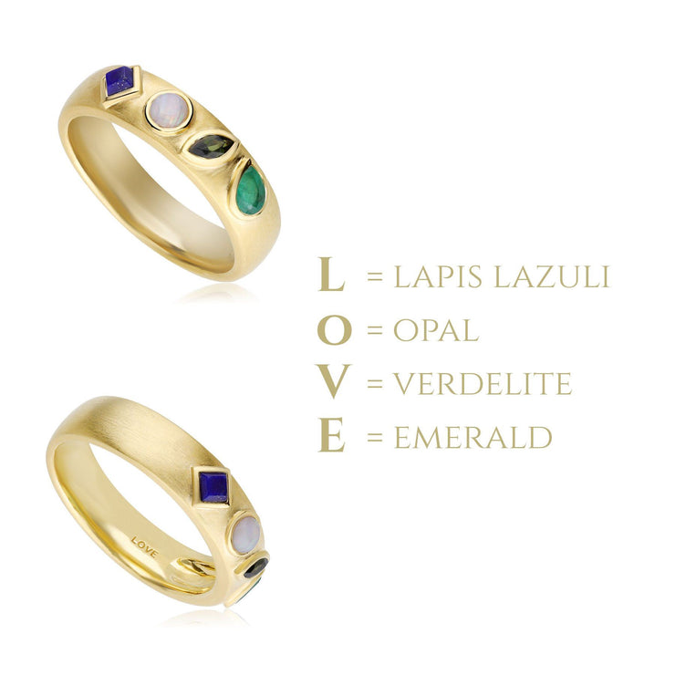 Coded Whispers Brushed Gold 'Love' Acrostic Gemstone Ring