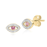 ECFEW™ Dainty Evil Eye Pink Tourmaline & Diamond Stud Earrings in 9ct Yellow Gold