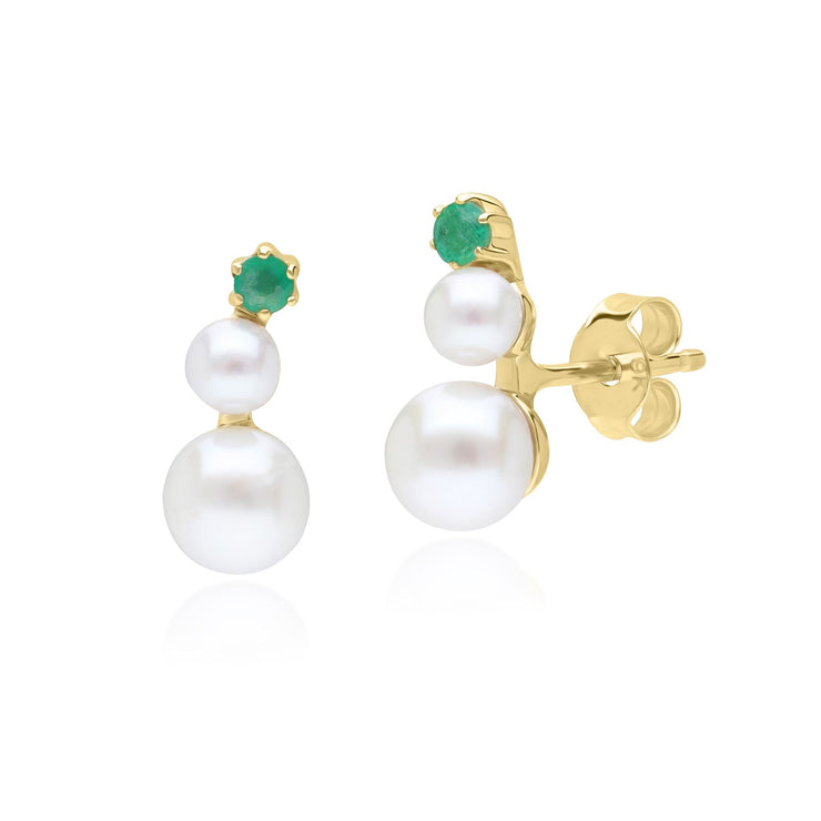 Modern Pearl & Emerald Climber Stud Earrings in 9ct Yellow Gold