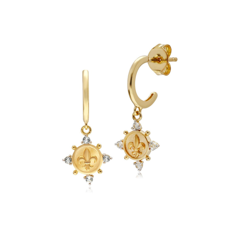 ECFEW™ 'The Liberator' White Topaz Fleur De Lis Hoop Earrings