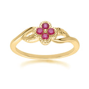 Floral Round Ruby Ring in 9ct Yellow Gold