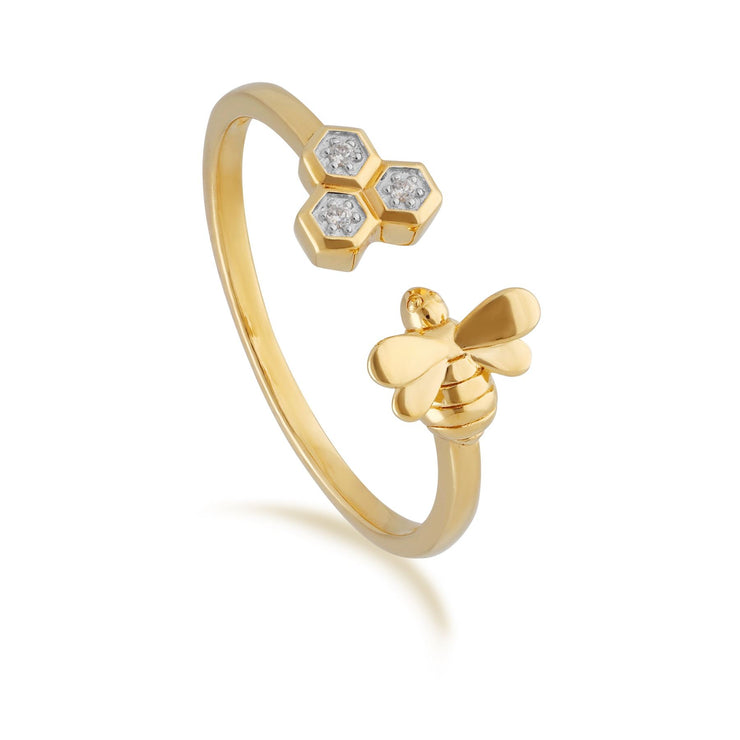 Honeycomb Inspired Diamond Trilogy Bee Ring in 9ct Yellow Gold