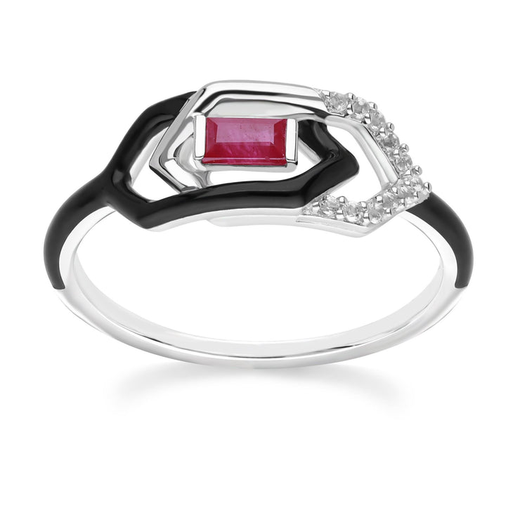 Grand Deco Enamel, White Topaz & Ruby Link Ring in 9ct White Gold