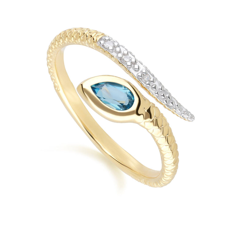 ECFEW™ London Blue Topaz & Diamond Snake Ring in 9ct Yellow Gold