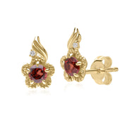 Floral Round Garnet & Diamond Stud Earrings in 9ct Yellow Gold
